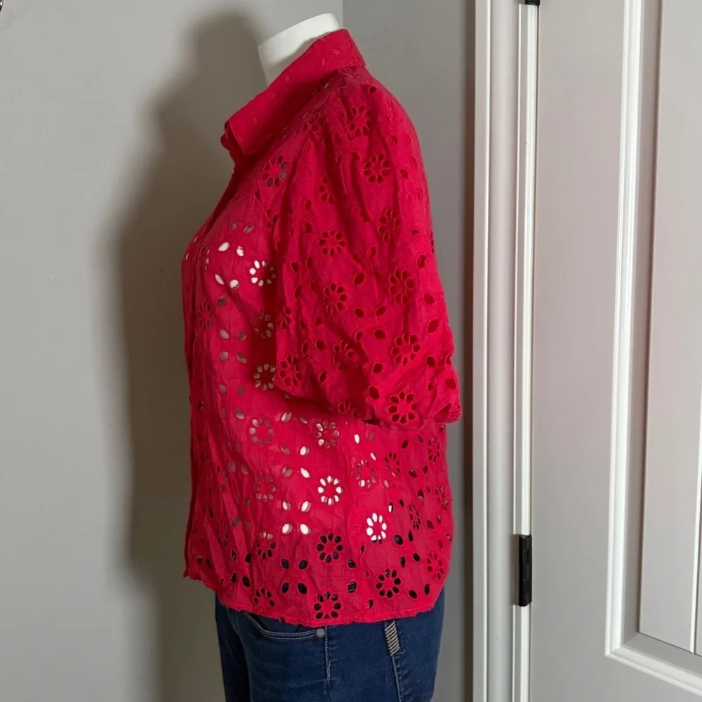 Anna Kay Red Embroidered Eyelet Blouse Button Front Puff Sleeve France Sz L